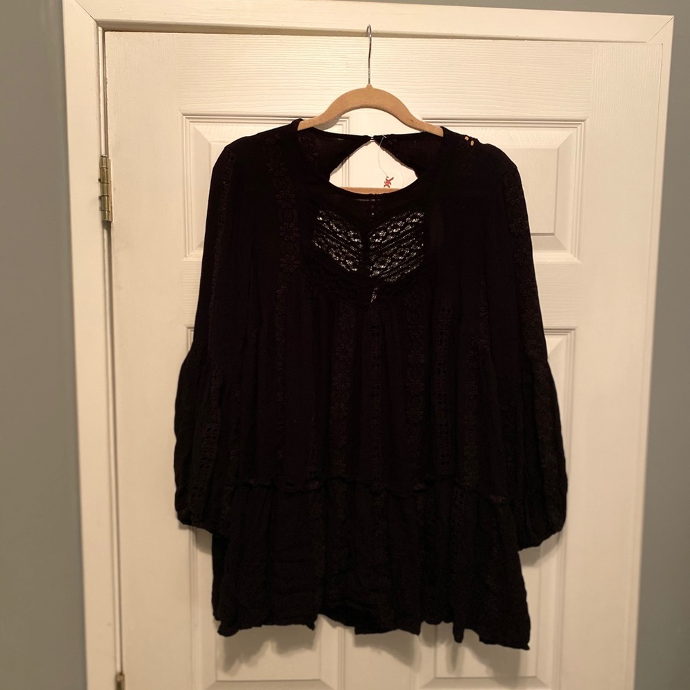 Black Free People Long Sleeve Embroidered Tunic- S